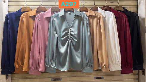 Collar Down Pearl Embedded Long Sleeves Satin Tops
